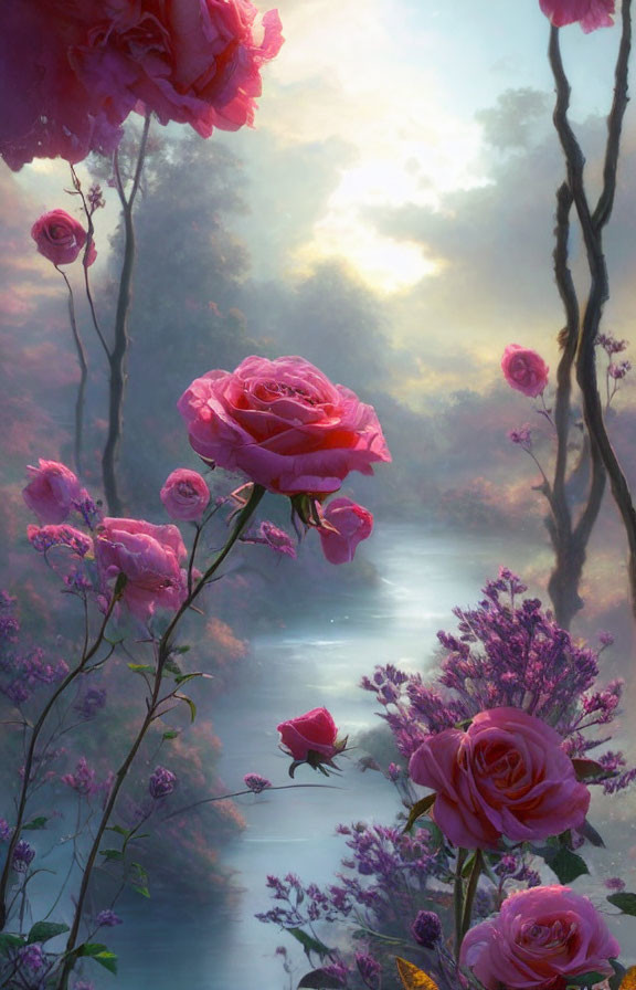 Pink roses over serene forest stream under soft glowing light