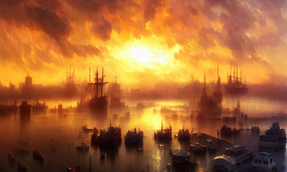 Vibrant sunset over busy harbor with sailing ships and warm orange glow.