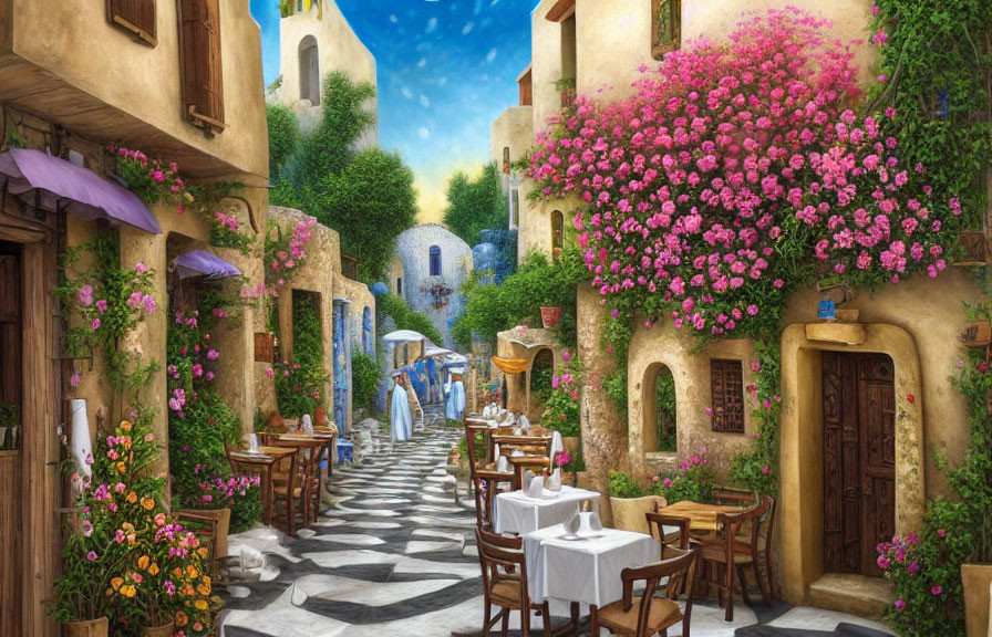 Picturesque cobblestone street with colorful flowers and outdoor cafes under umbrellas