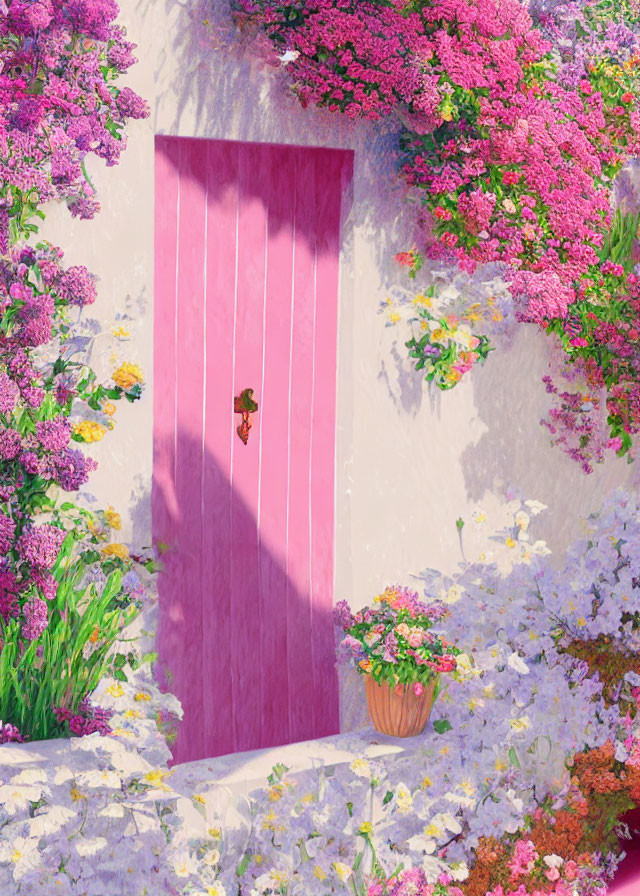 Whimsical pink door surrounded by vibrant flowers and butterfly on pot of blooms