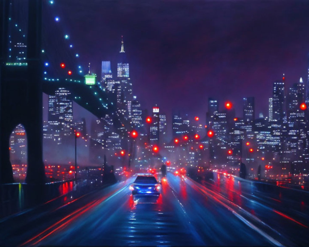 City bridge at night with vehicles, streetlights, skyline, and colorful lights.