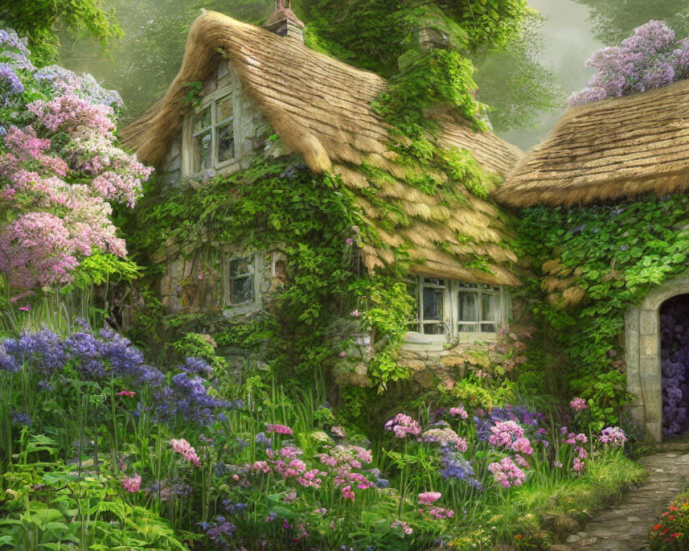 Quaint Thatched-Roof Cottage Surrounded by Lush Greenery and Colorful Blossoms