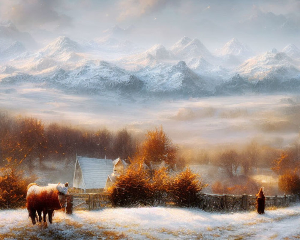 Snowy winter landscape with horse, cottage, trees, and mountains in warm light
