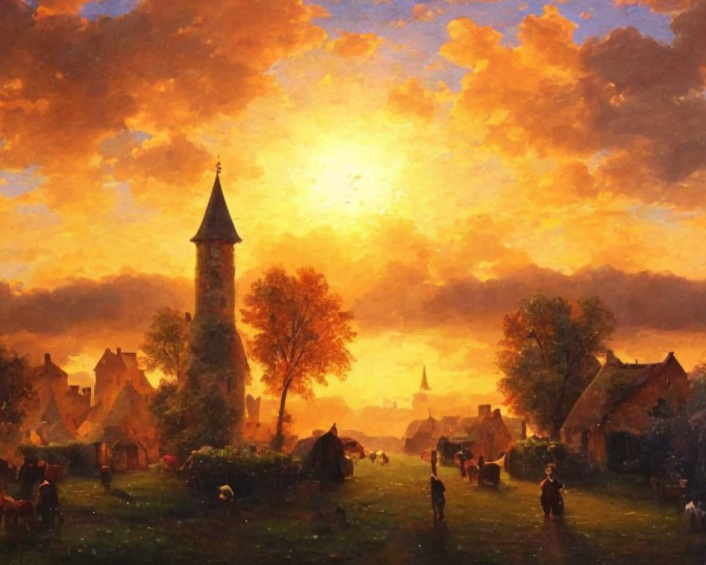 Colorful sunset scene of a village with church spire