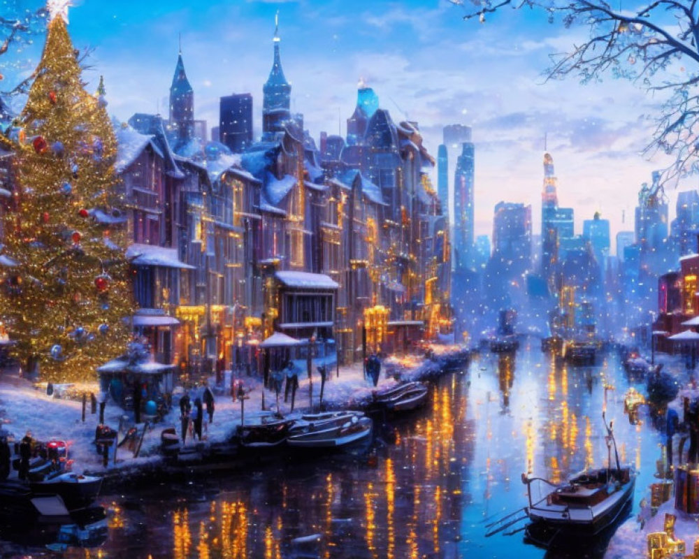 Winter Cityscape: Snowy streets, festive decorations, canal boats, and twilight snowfall