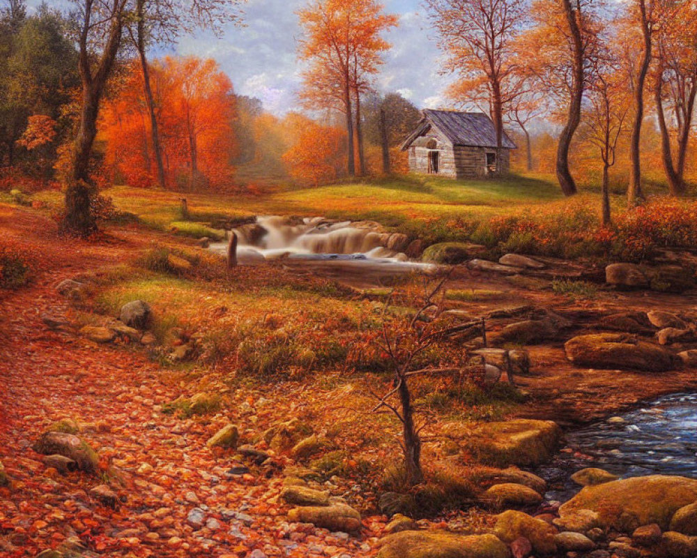 Tranquil autumn landscape with waterfall, stream, colorful trees, leaves, and cabin