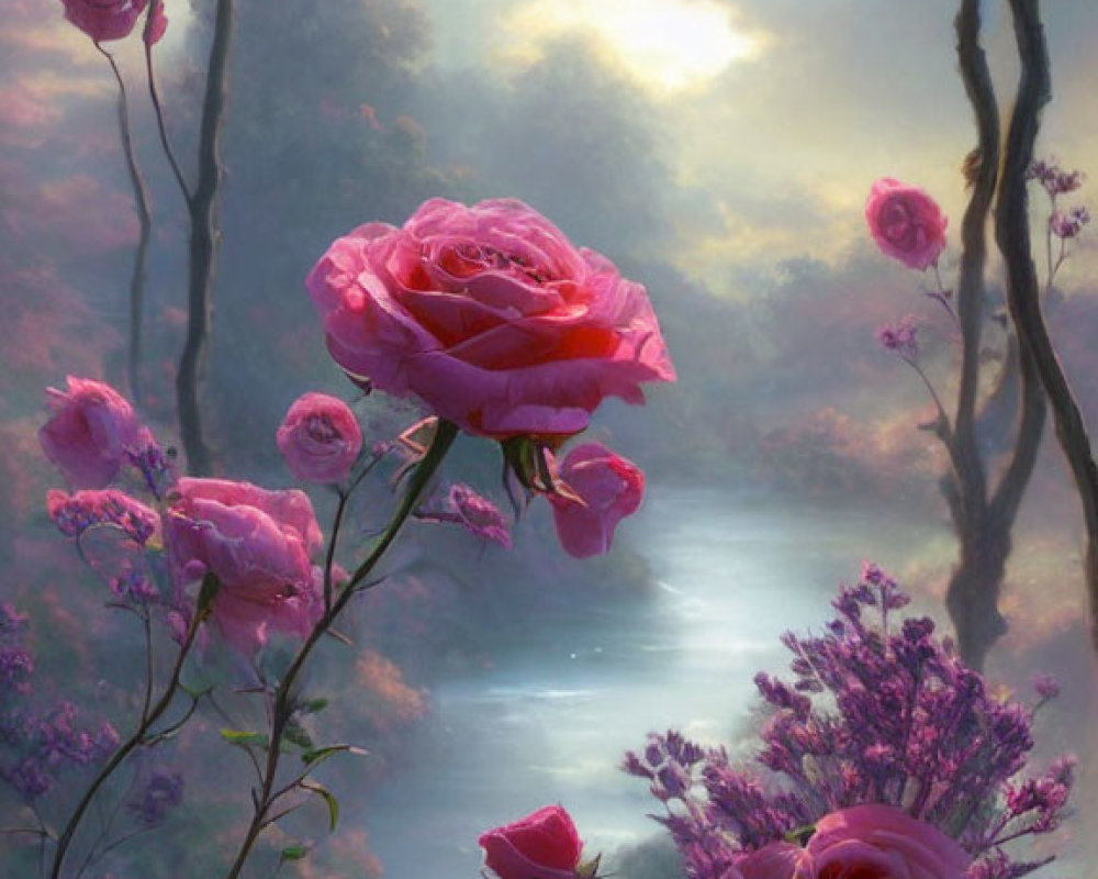 Pink roses over serene forest stream under soft glowing light