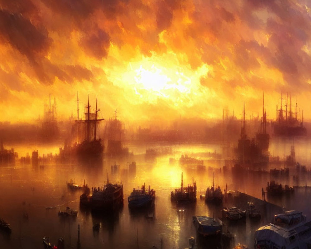 Vibrant sunset over busy harbor with sailing ships and warm orange glow.