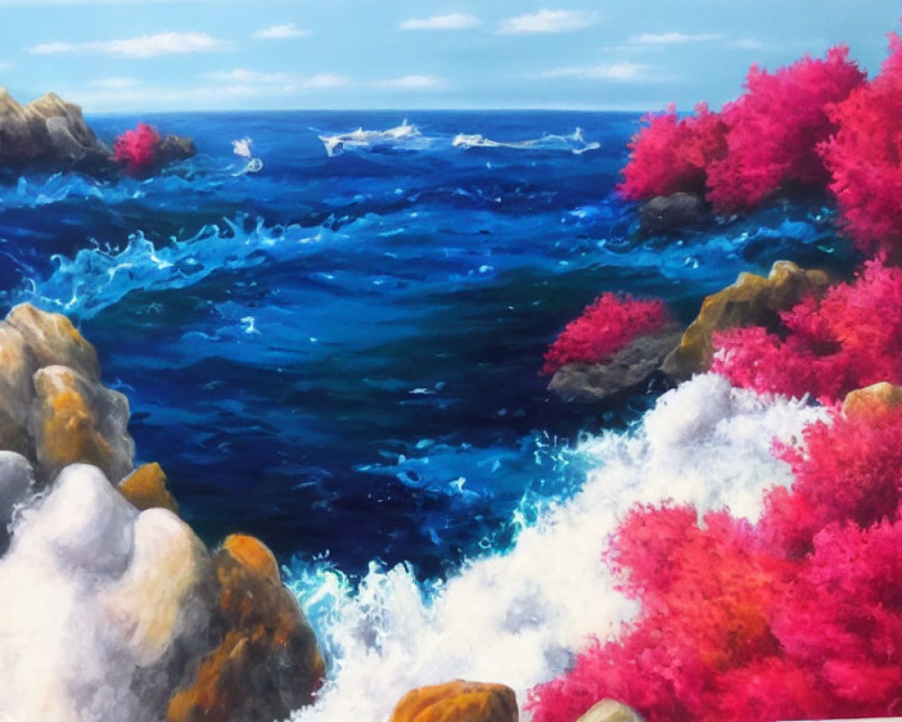 Scenic painting of vibrant blue sea, white waves, rocky shores, pink foliage, cloudy sky