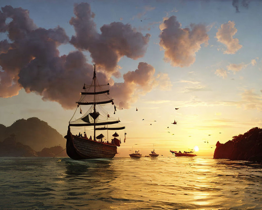 Sunset seascape with sailing ship, golden sky, small boats, rocky shores, clouds, and