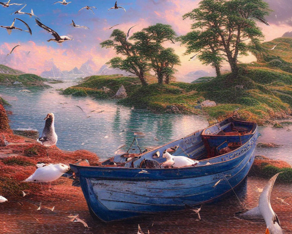 Weathered Blue Boat Surrounded by Seagulls in Scenic Landscape