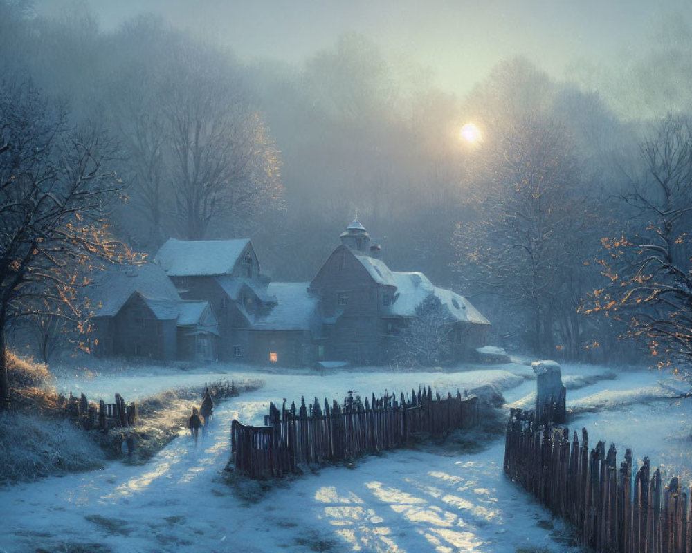 Snow-covered village with glowing cottage and figure in winter dusk