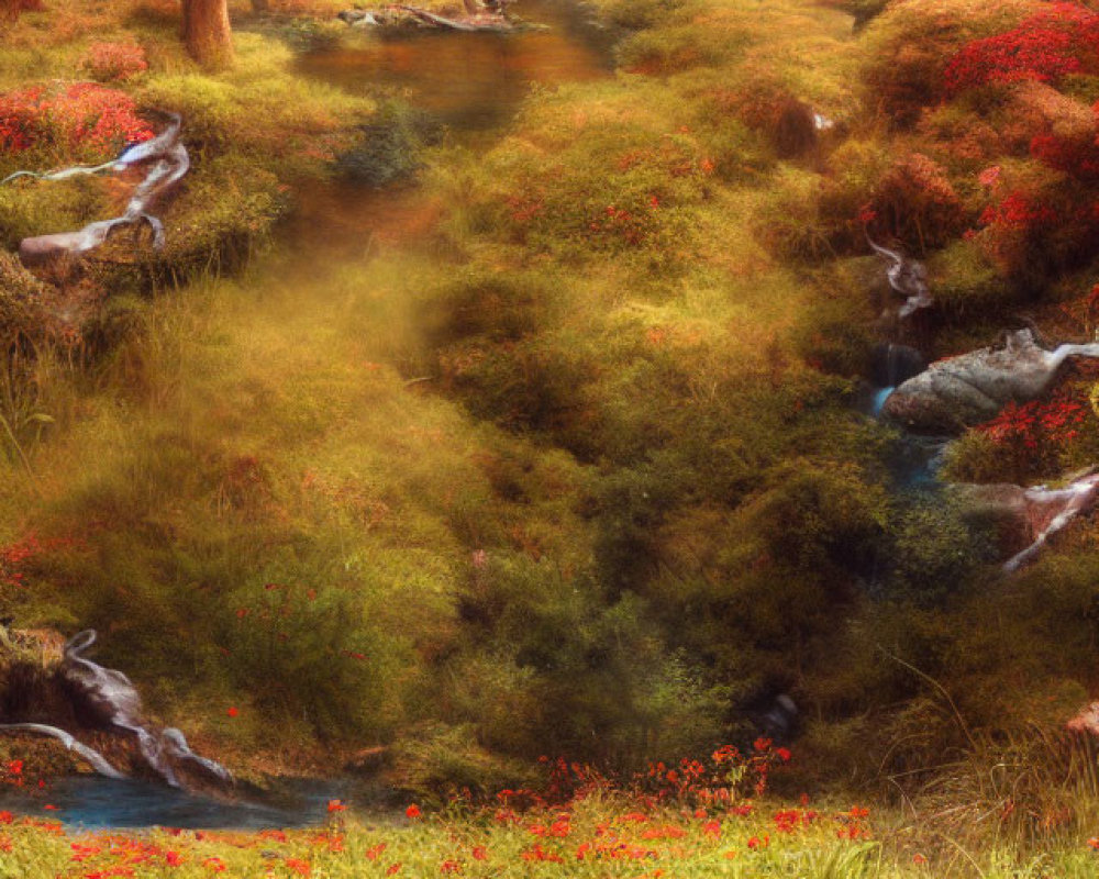 Scenic landscape with stream, red flowers, and autumn trees