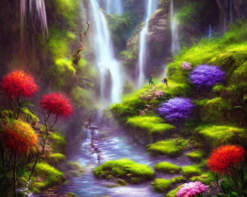 Vibrant fantasy landscape with flowers, waterfalls, and figures