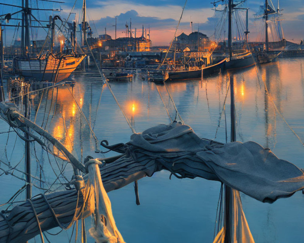 Historical tall ships at twilight harbor with silhouetted masts and reflections