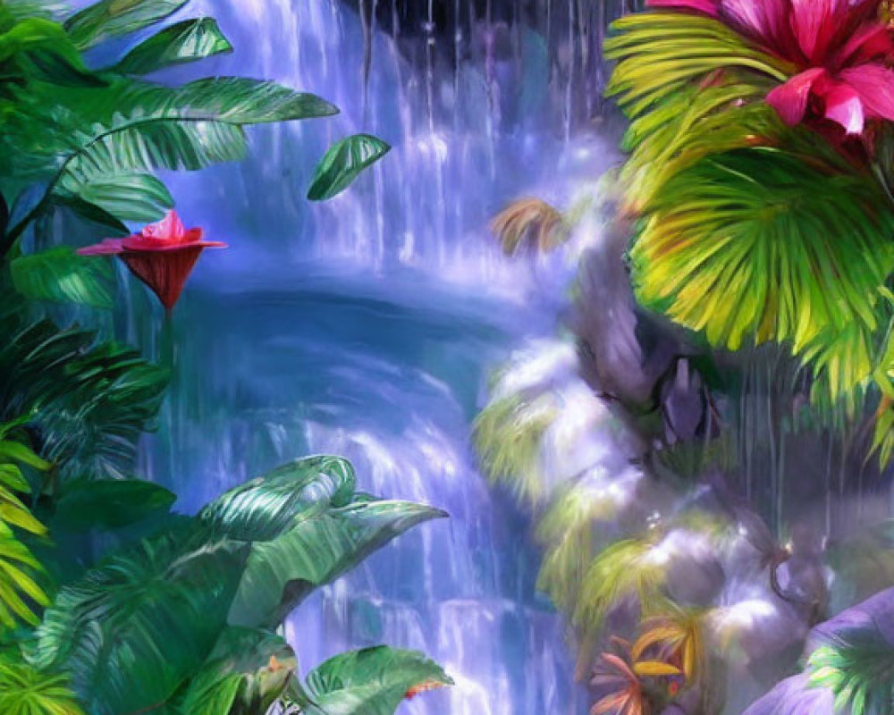 Tropical waterfall with lush greenery and pink flowers