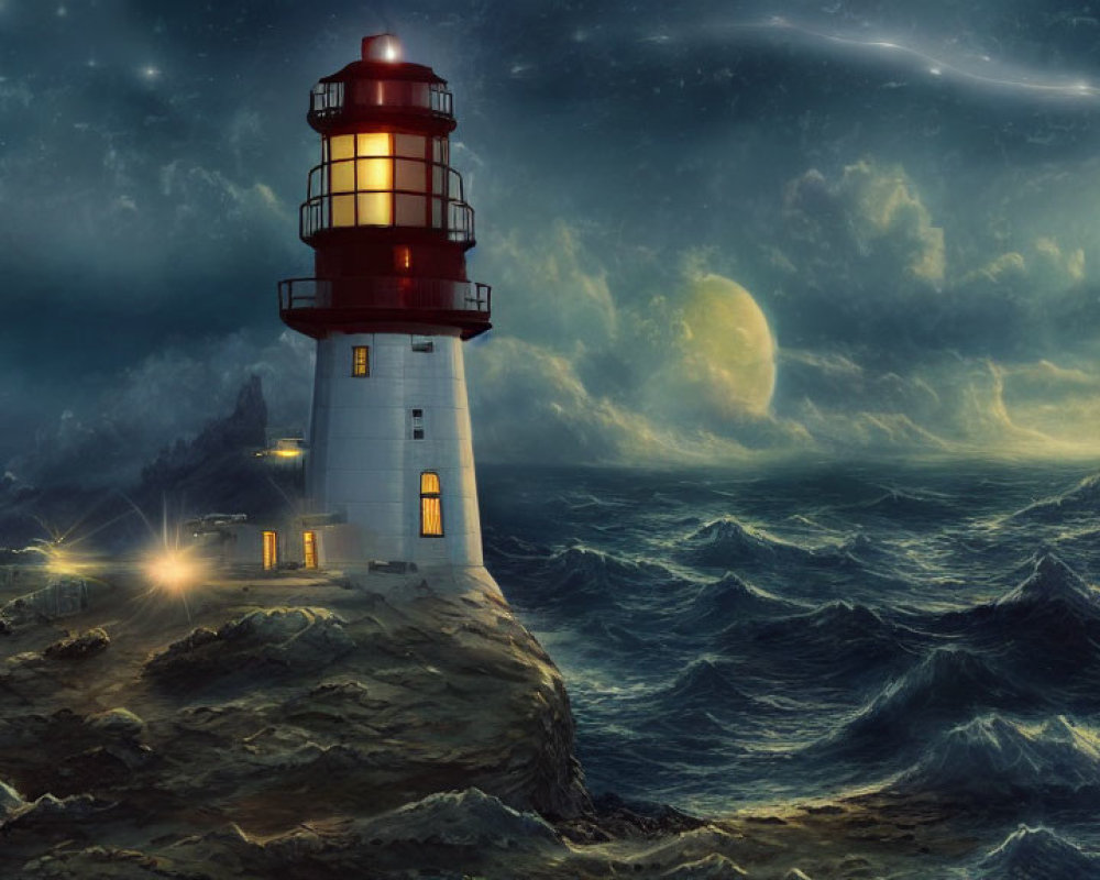 Nighttime seascape with two lighthouses, turbulent waves, cloudy sky, glowing moon, and
