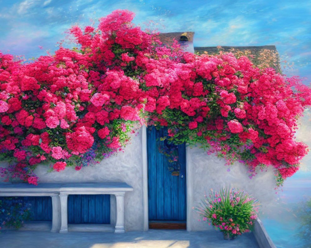 Blue Door in White Wall with Pink Bougainvillea Blooms under Clear Sky