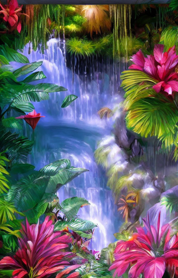 Tropical waterfall with lush greenery and pink flowers