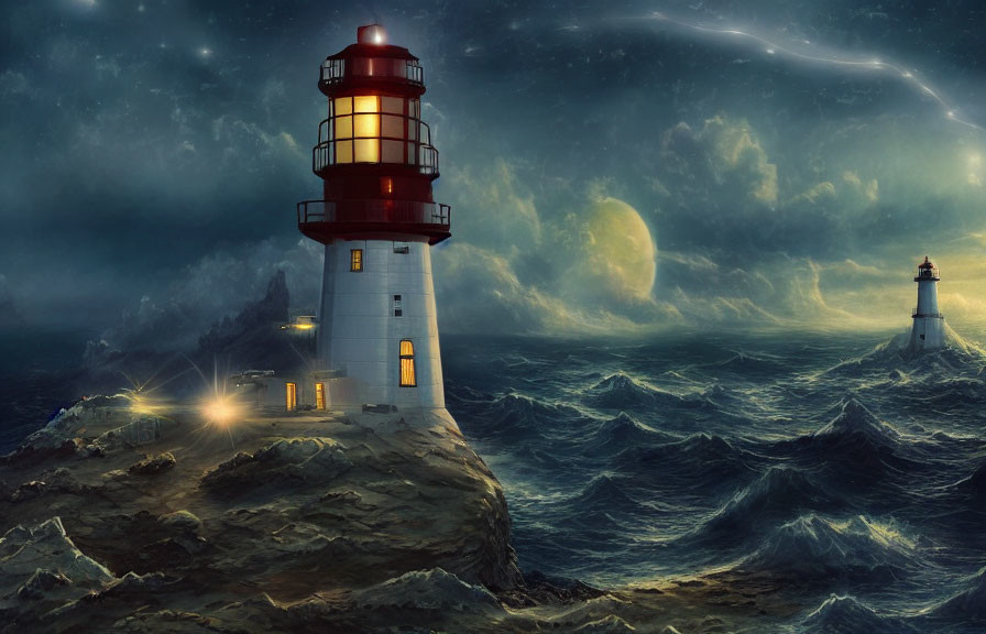 Nighttime seascape with two lighthouses, turbulent waves, cloudy sky, glowing moon, and