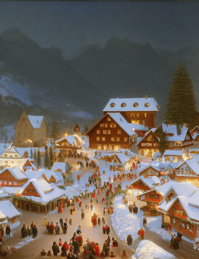 Snowy Alpine village holiday market at twilight with festive stalls and mountain backdrop
