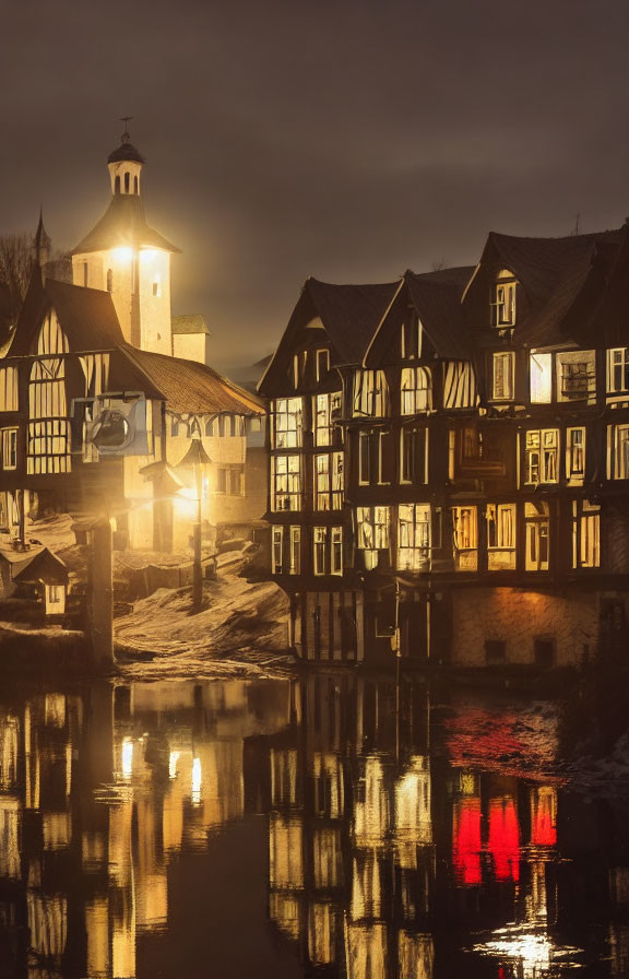 Half-Timbered Houses Illuminated by River at Night