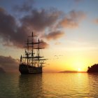 Sunset seascape with sailing ship, golden sky, small boats, rocky shores, clouds, and