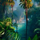 Misty tropical forest with lush green foliage and exotic trees
