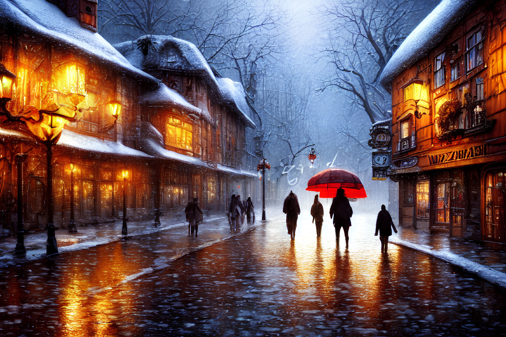 Snowy Evening Street Scene with Red Umbrella