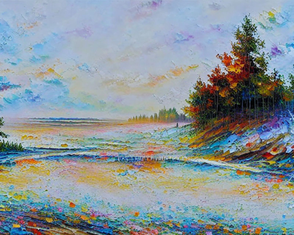 Impressionist-style painting of vibrant shoreline with colorful trees under pastel sky