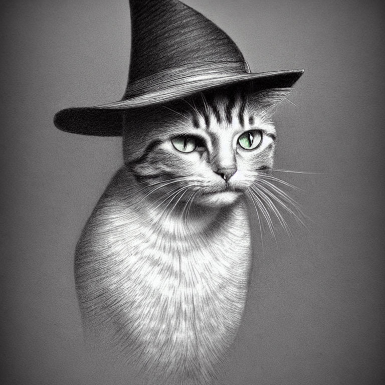 Sketched Cat with Green Eyes in Witch Hat on Gray Background