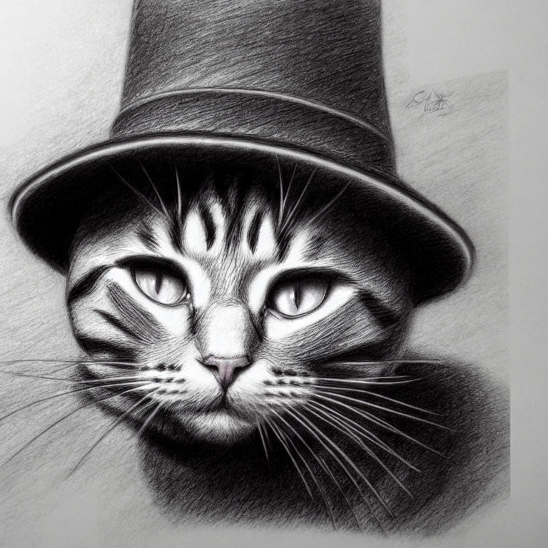 Detailed Pencil Drawing of Cat in Top Hat with Unique Markings
