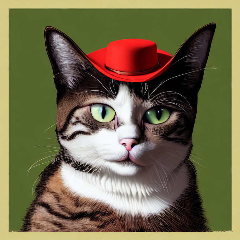 Digital illustration of a cat with green eyes, striped fur, and red hat on green background