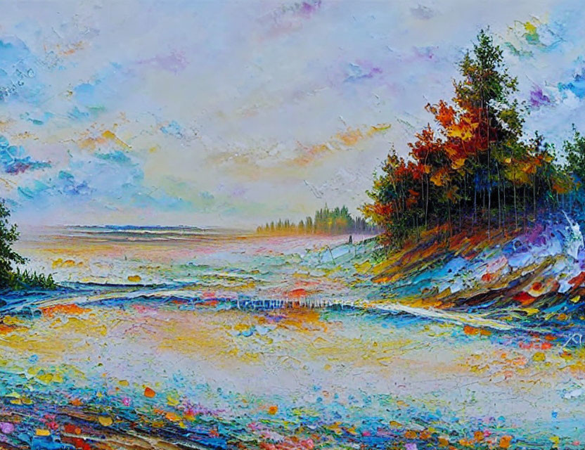 Impressionist-style painting of vibrant shoreline with colorful trees under pastel sky