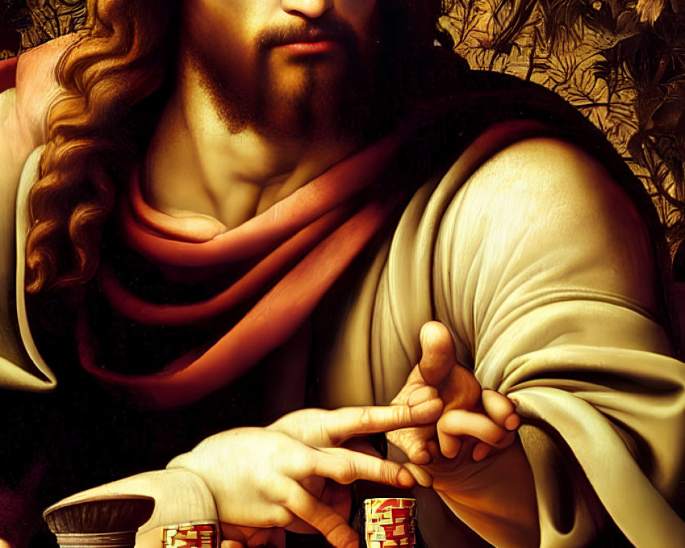 Religious-themed digital artwork with Jesus-like figure at poker table