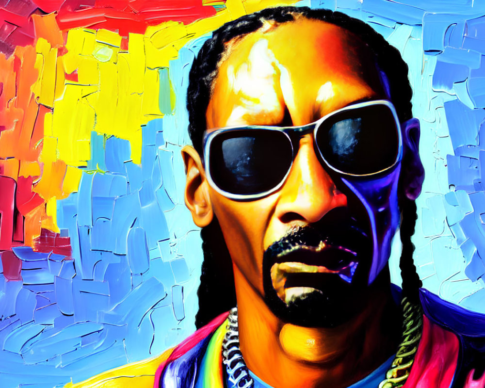 Colorful artwork featuring man with sunglasses on abstract background