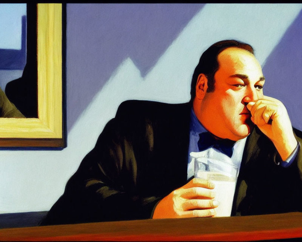 Man in suit at bar with drink lost in thought, shadow and reflection visible.