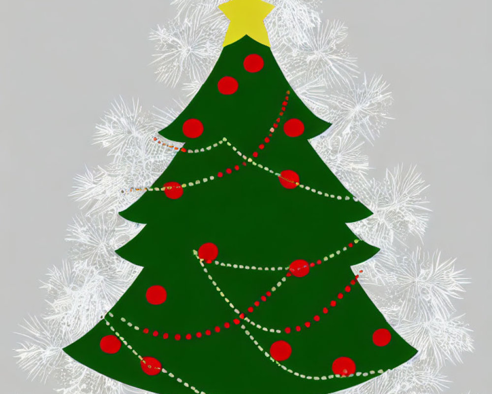 Green Christmas tree with red ornaments and gold garland on snowflake background