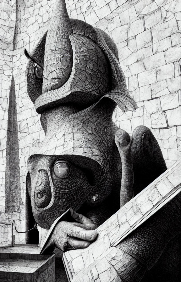 Monochrome anthropomorphic rhinoceros in armor reading book