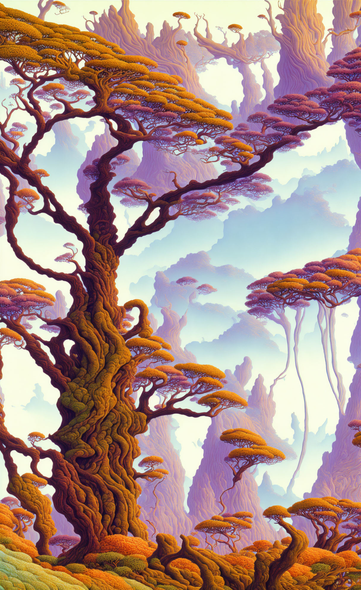 Twisted trees in surreal landscape with purple rocks & misty sky