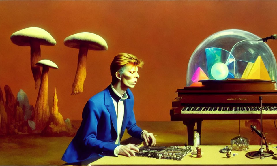 Red-haired man in blue suit plays keyboard next to grand piano with glass dome and surreal background.