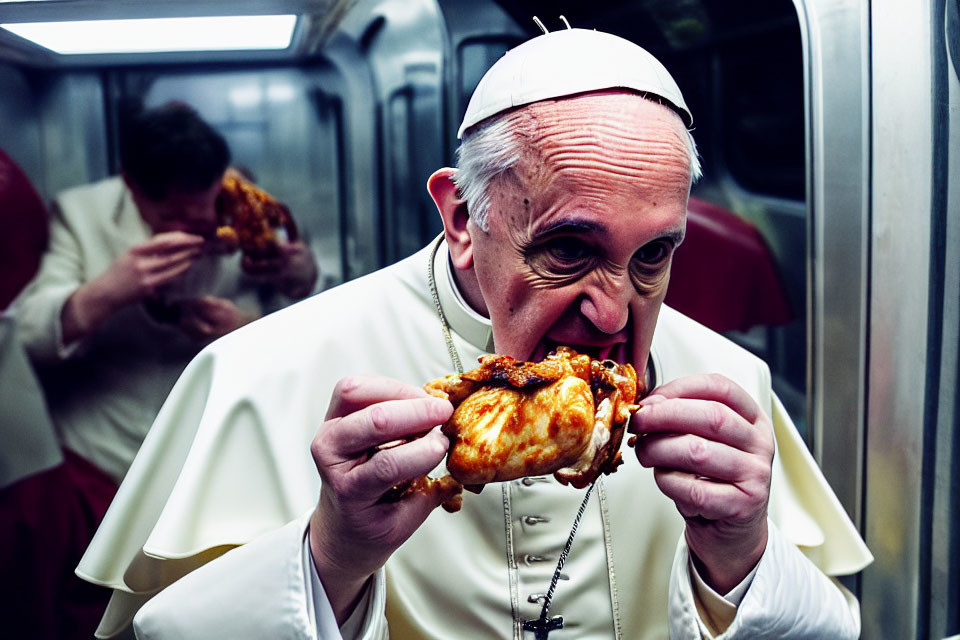 Man in papal attire eating chicken on subway with another person.