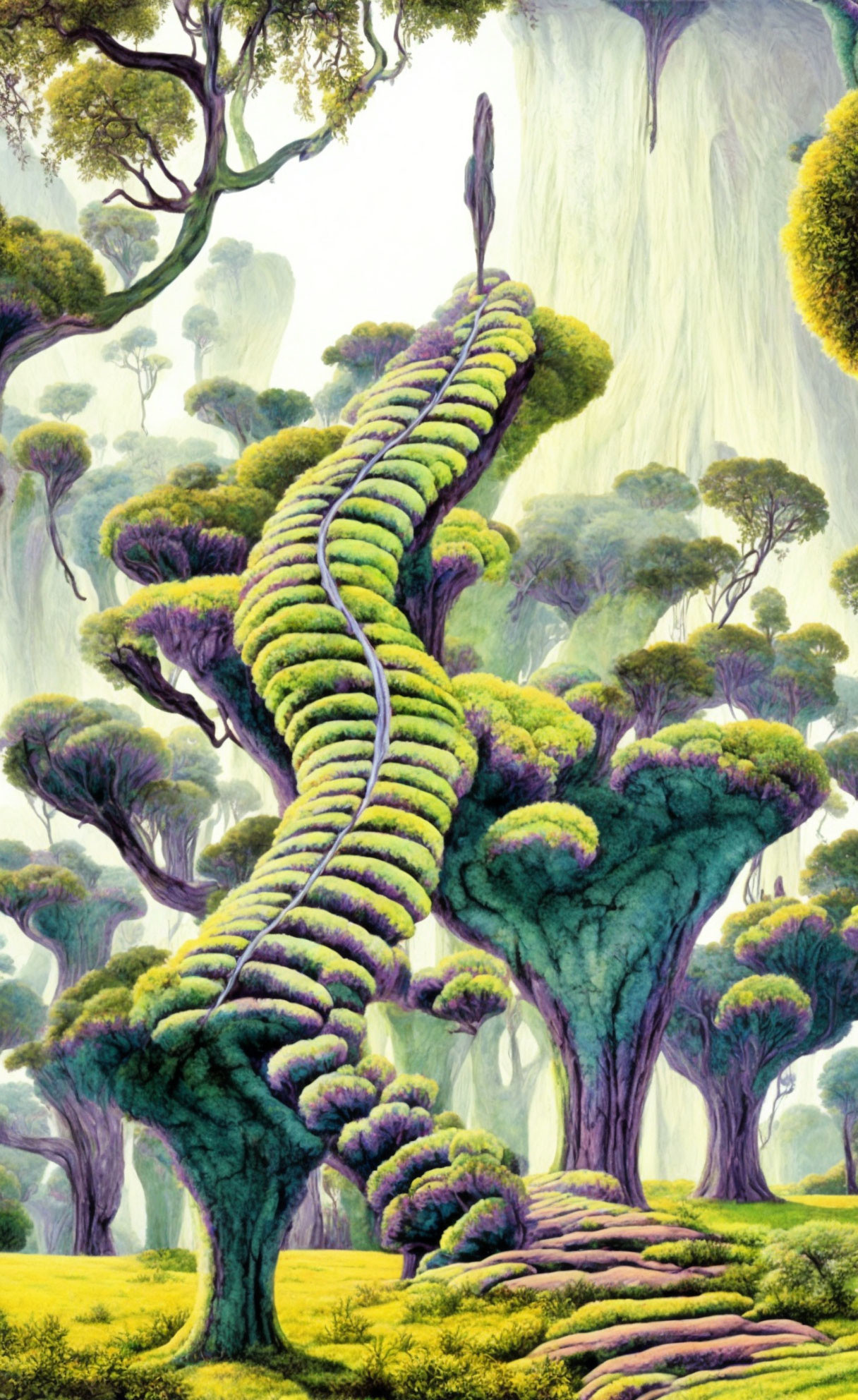 Vibrant green spiral-shaped trees in a fantastical forest