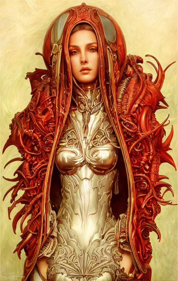 Golden armor woman with regal helmet and red details