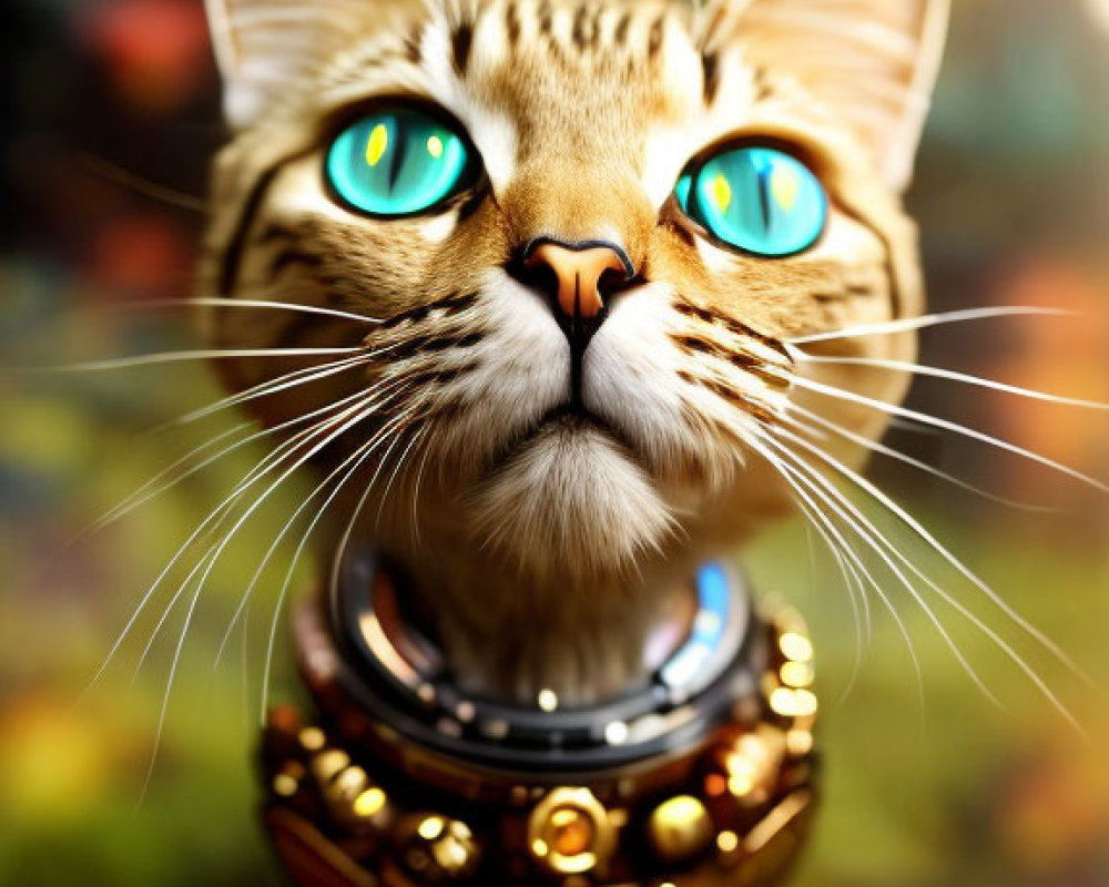 Digital Artwork: Cat with Turquoise Eyes and Mechanical Collar