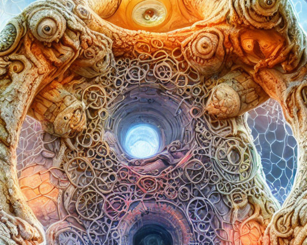 Colorful abstract art: intricate patterns, vibrant colors, tunnel-like structure, eyes, tentacles