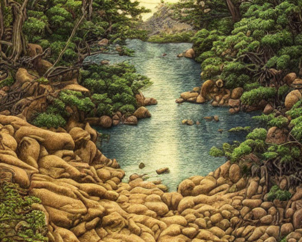 Tranquil river landscape with rocky banks and twisted trees