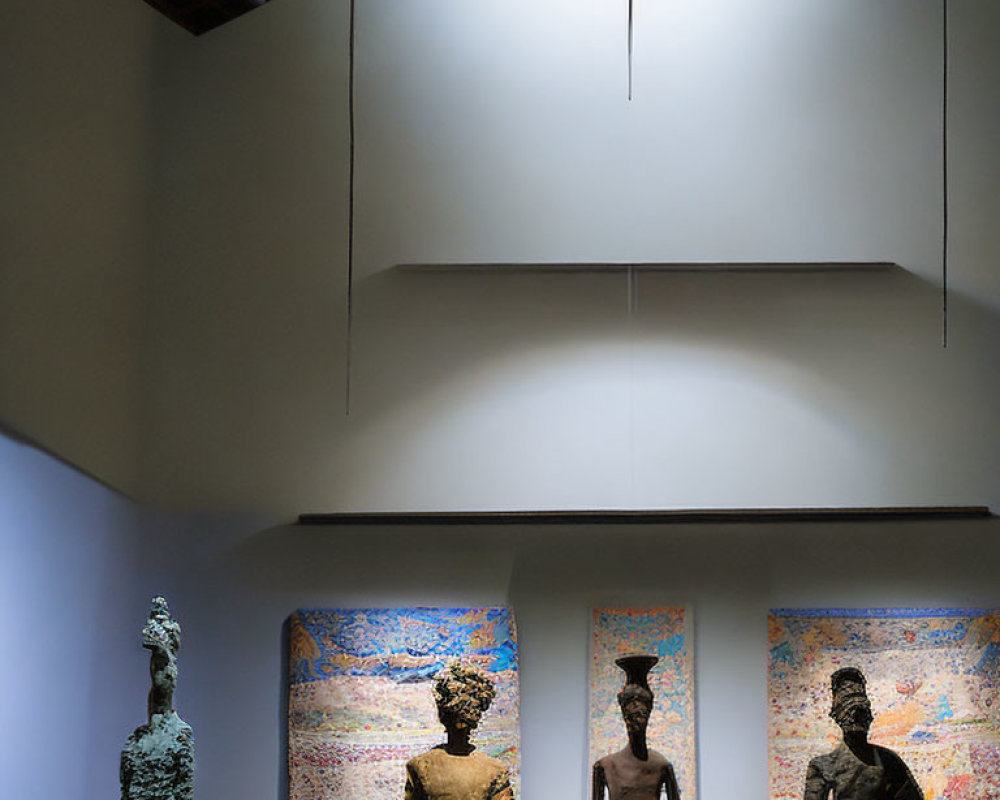 Bronze sculptures and abstract paintings in art gallery setting