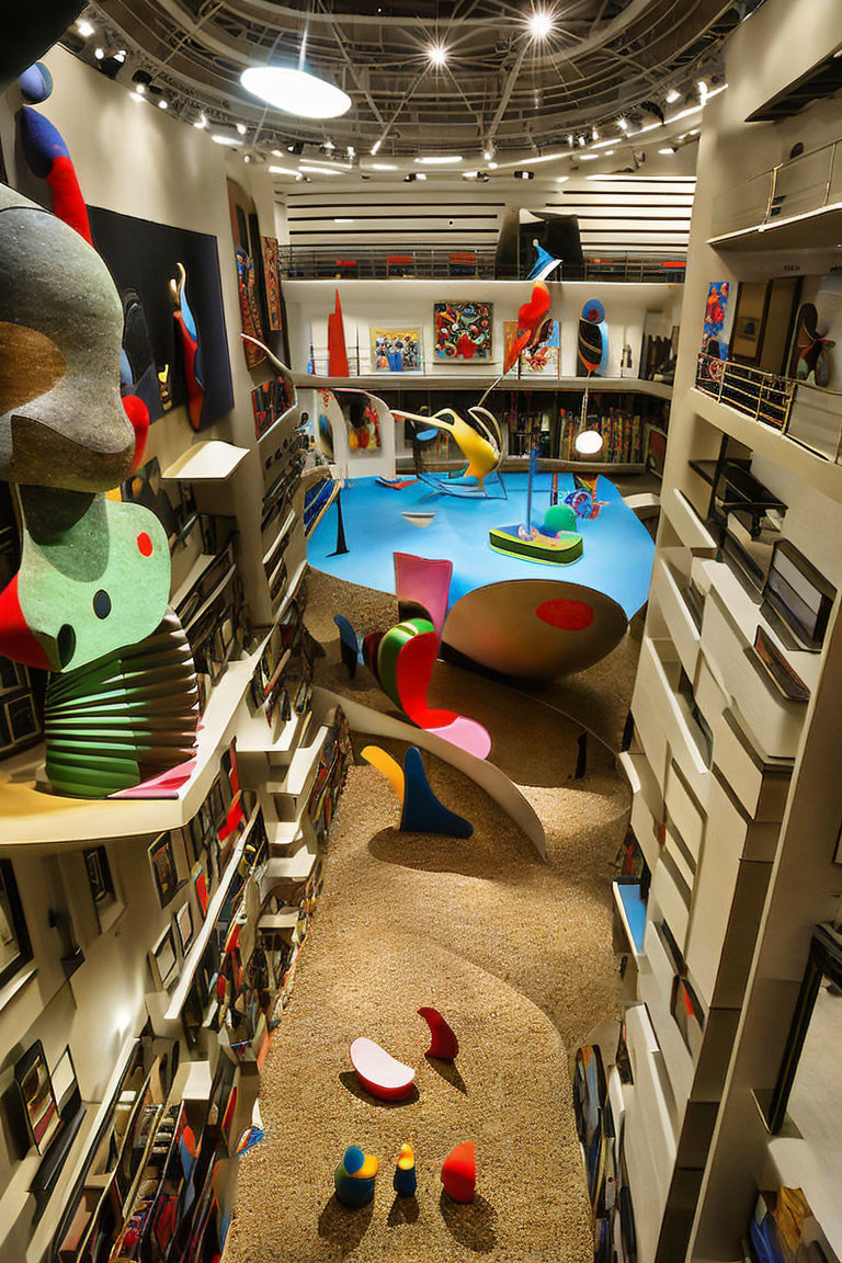 Vibrant sculptures and colorful shelving in eclectic bookstore