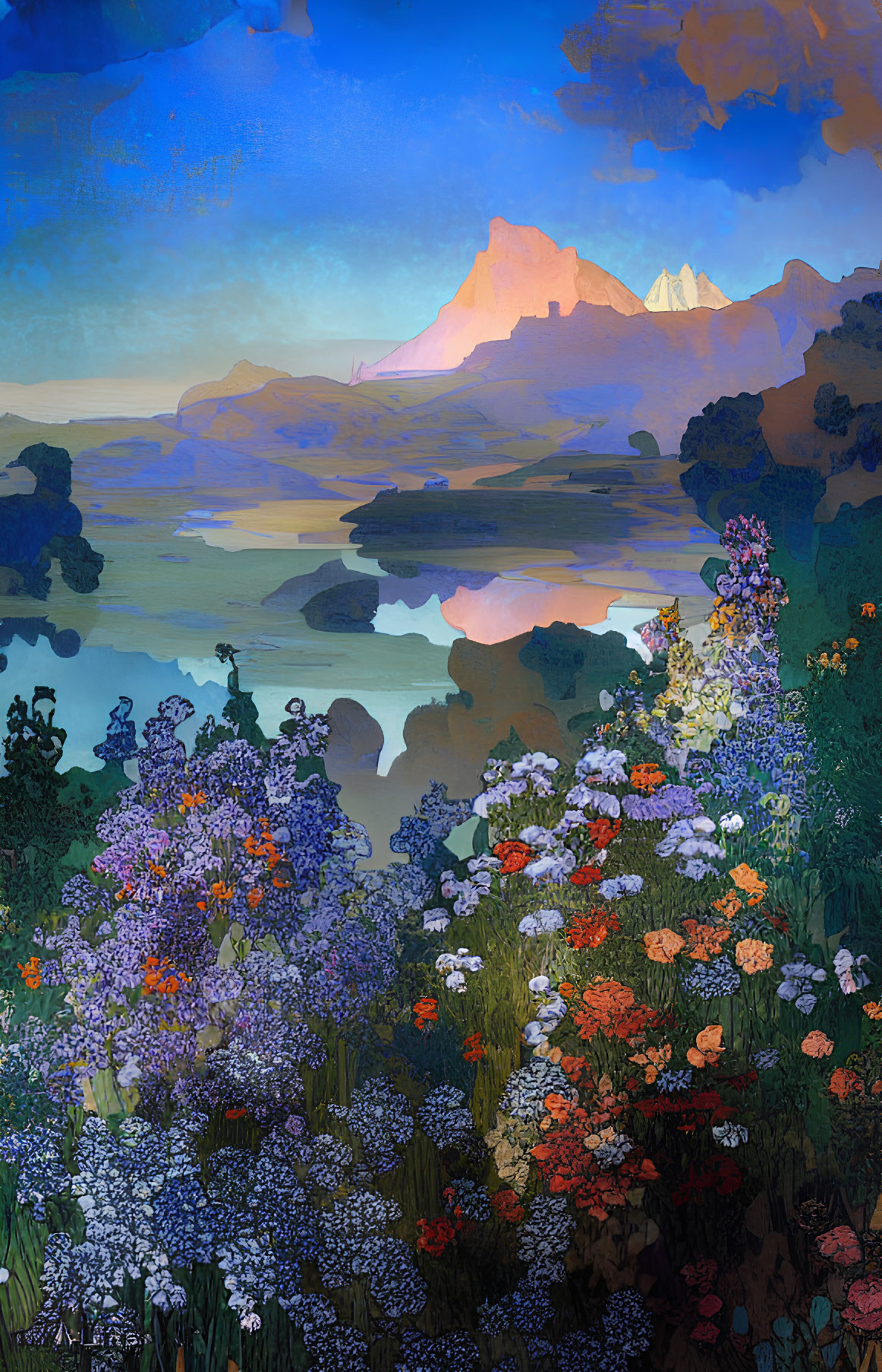 Colorful Flower Field, Lake, Snow-Capped Mountains in Twilight